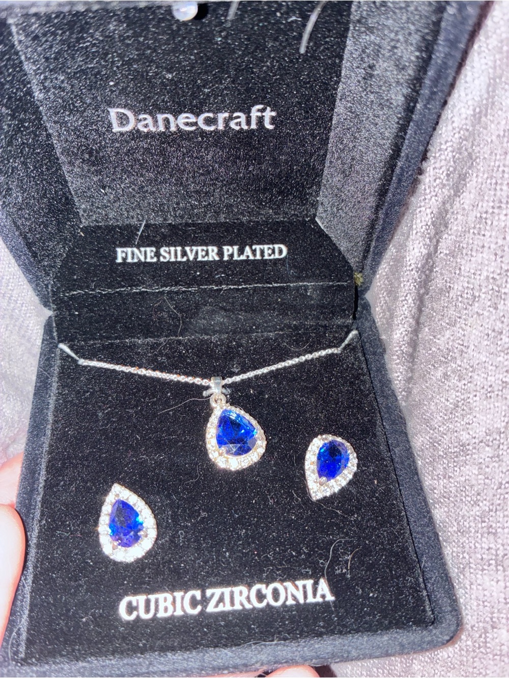 Craft Fine Silver-Plated Necklace and Earrings with Deep Blue Teardrop Stones
